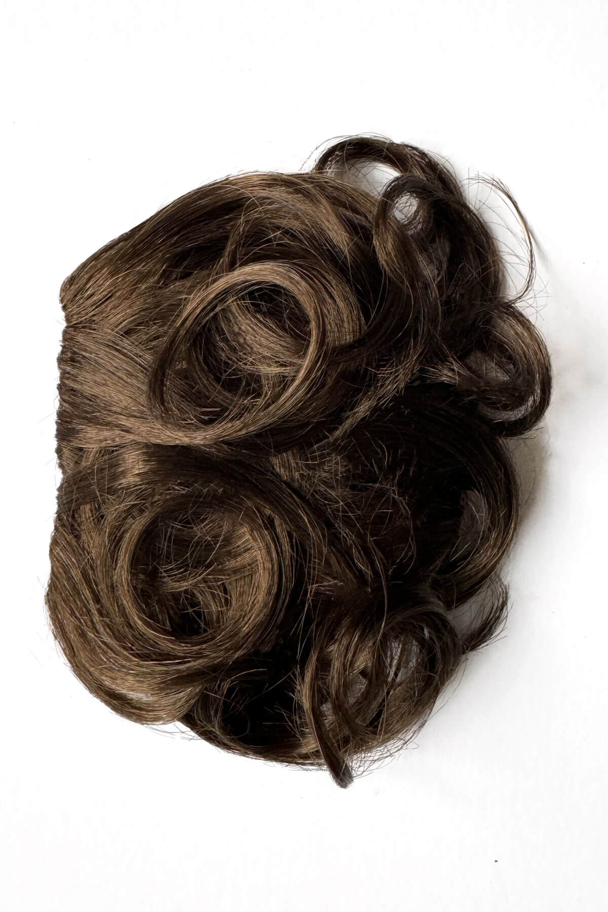 Brown hair bun accessory on a white background. Curly 1940s style clip-in fringe hairpiece/clip-in bangs: Bunny chestnut brown 8
