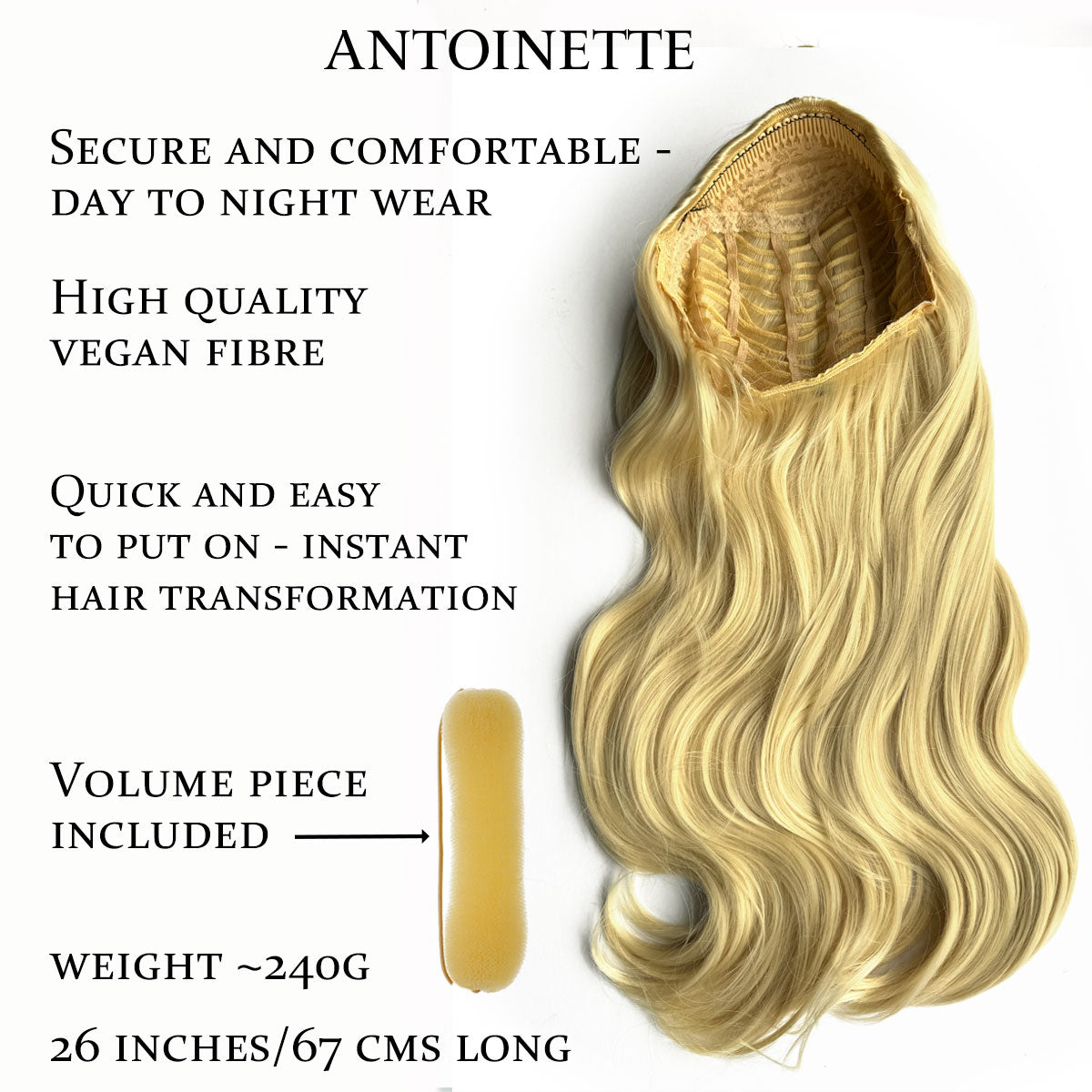 Blonde hair extension with product features listed on a white background. Heat styleable half wig hairpiece, long wavy, Flexihair: Antoinette creamy blonde 613