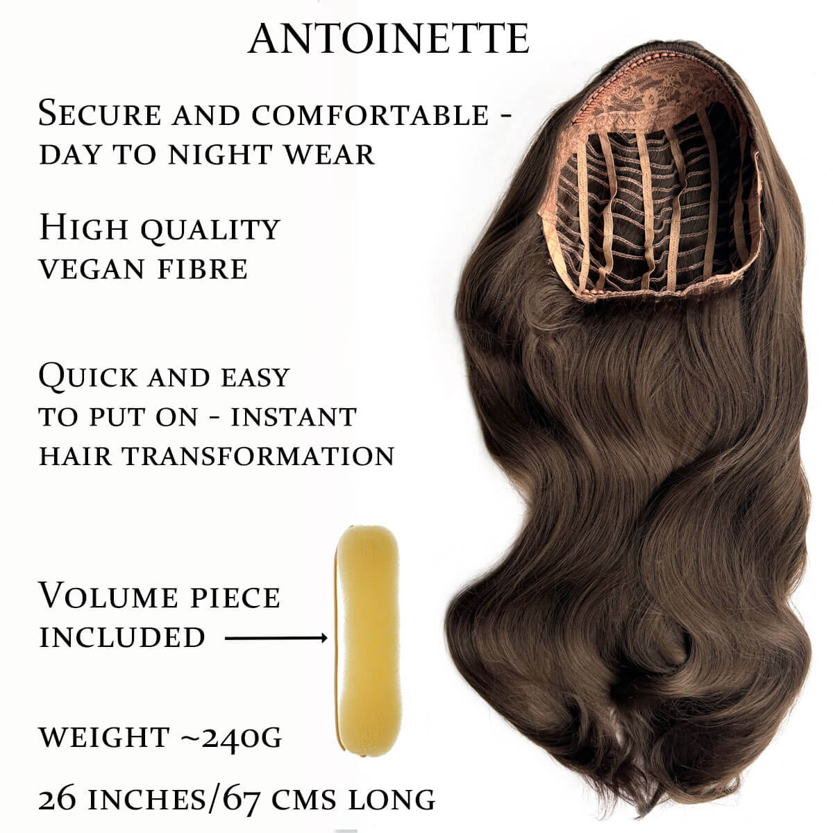 Brown half wig with information. Heat styleable half wig hairpiece, long wavy, Flexihair: Antoinette chestnut brown 8