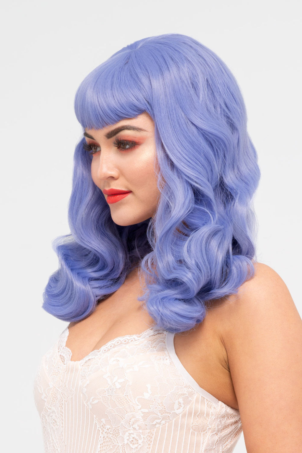 Long blue pinup style wig, curled with short fringe: Ophelia