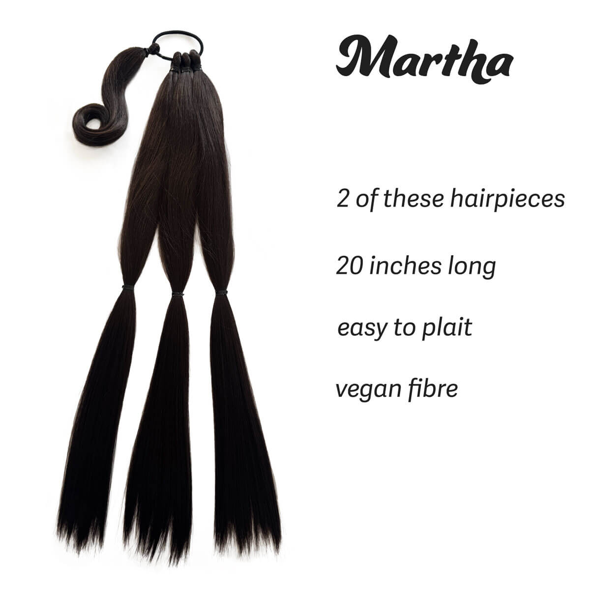 Brown hair piece with product details on a white background. Long double plaited ponytail hairpiece: Martha dark chocolate brown 6