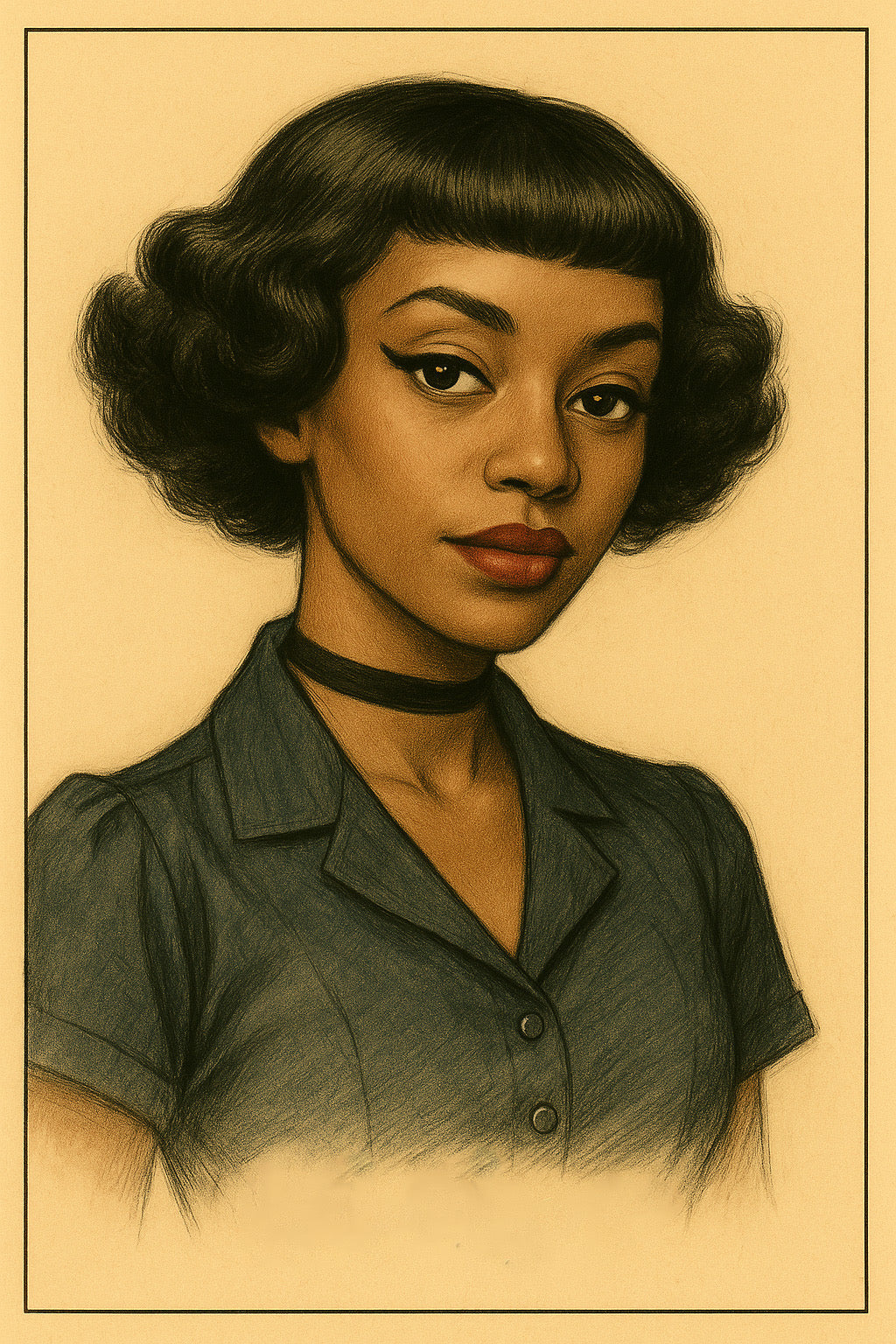 Illustration of a woman with vintage hairstyle and clothing on a beige background