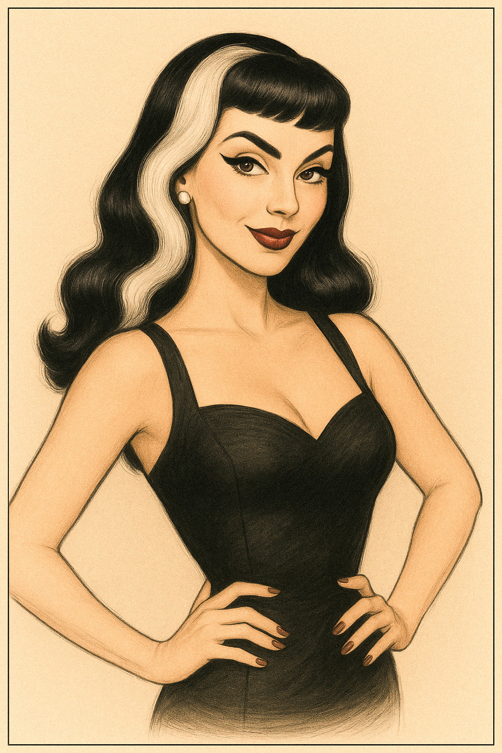 Illustration of a woman in a black dress and black hair with a streak, with a beige background