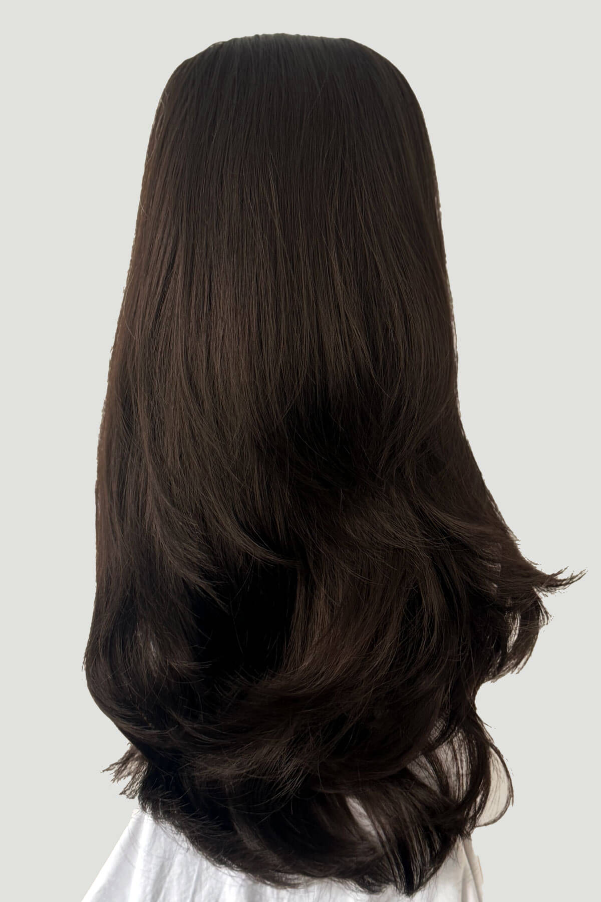 Dark brown wig on a white background. 1960s style hair, high crown long straight and layered half wig: Juliette dark brown 6