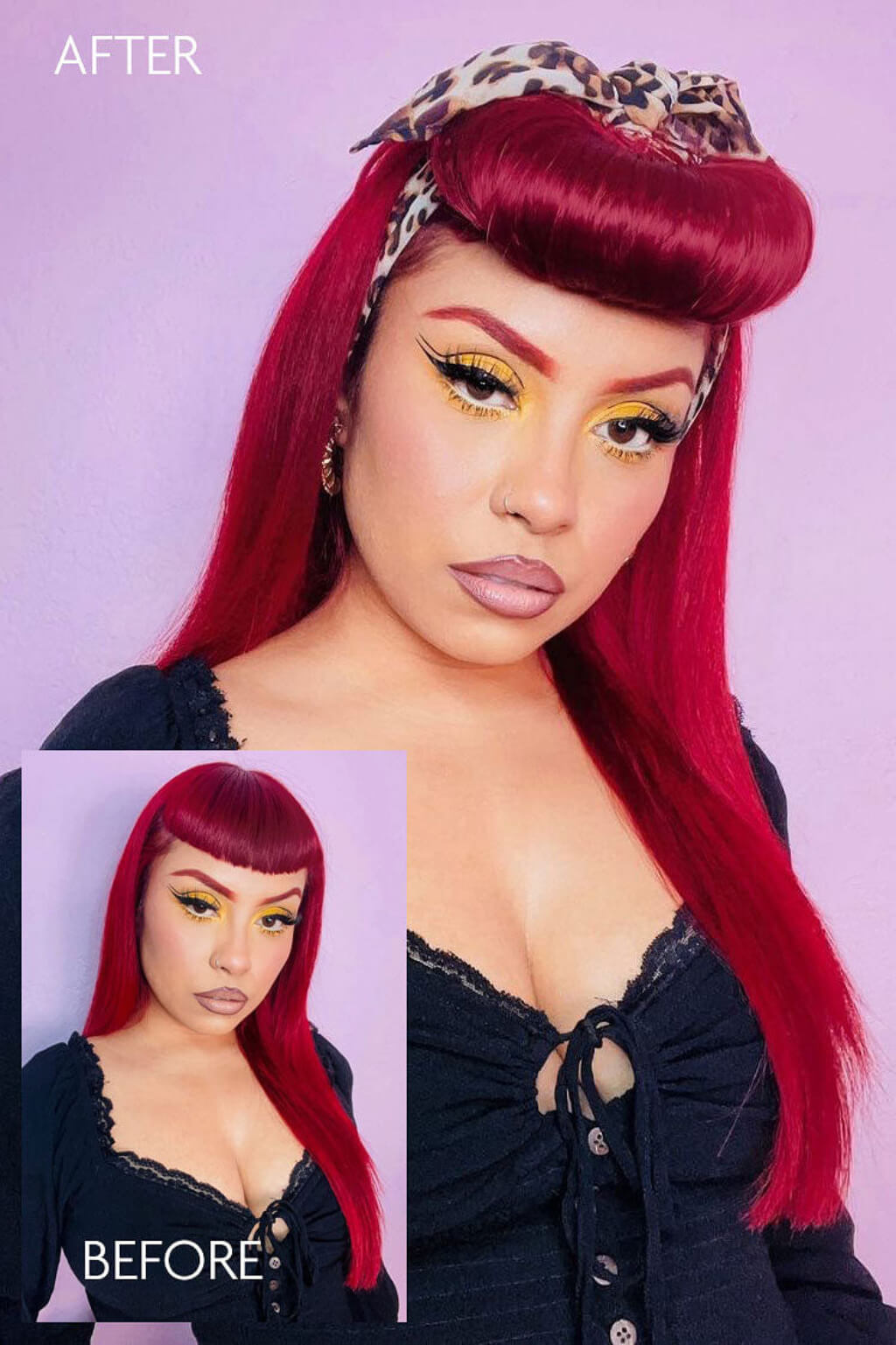 A model wearing a bright red wig with a high curled top and bangs, shown in a before-and-after comparison. Bumper bangs pack - vintage 40s 50s fringe roll: Lena