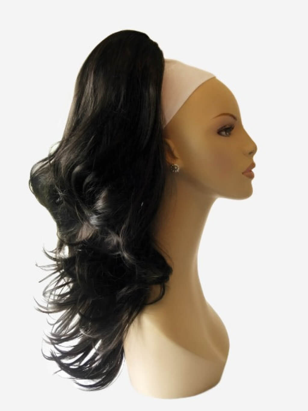 Black hair extension on a mannequin head against a white background. Clip-in ponytail hairpiece extension, dark brown: Elise dark brown 4