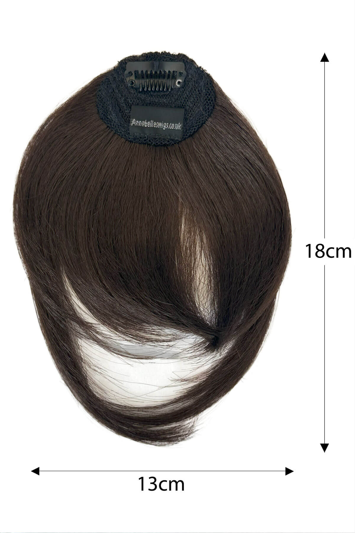 Brown hair extension with measurement details on a white background. Clip in fringe hairpiece/clip-in bangs, gently feathered with face framing whisps: Delia dark chocolate brown 6