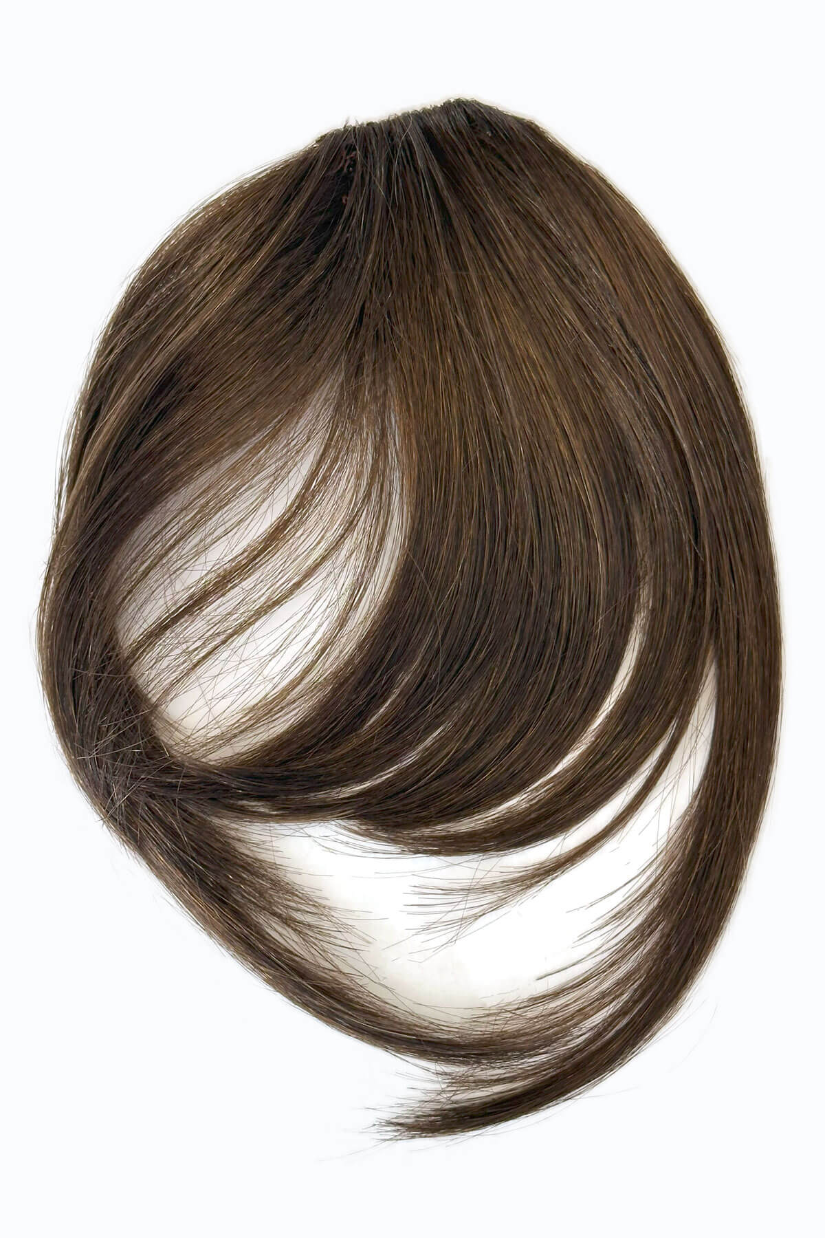 Brown hair clip-in extension on a white background. Clip in fringe hairpiece/clip-in bangs, gently feathered with face framing whisps: Delia chestnut brown 8
