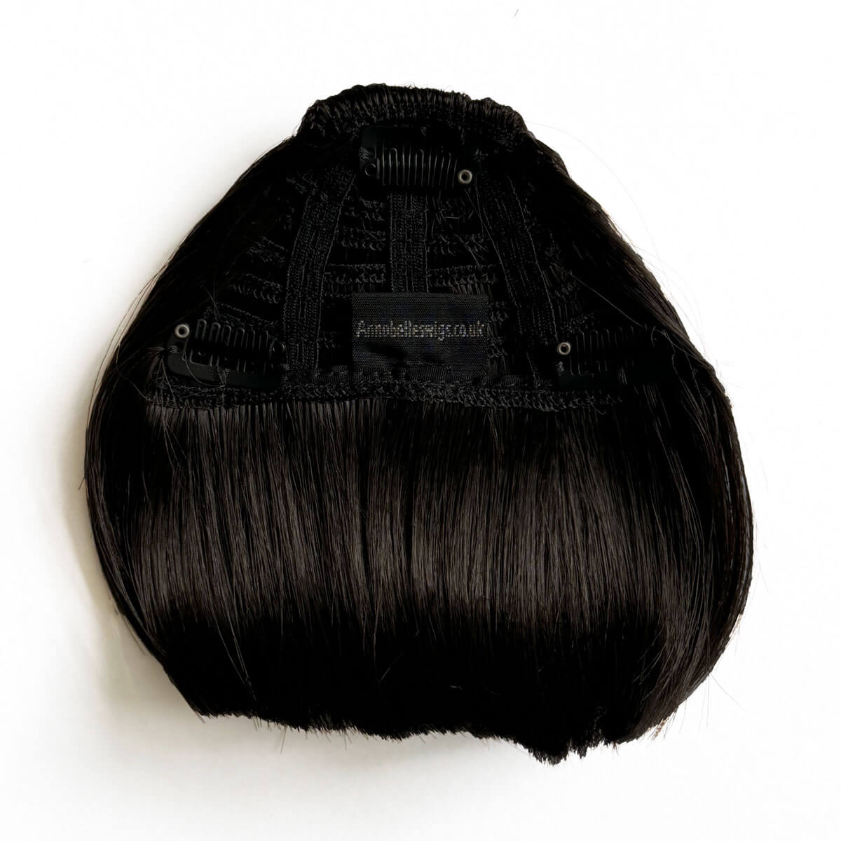 Black hairpiece on a white background. Clip-in fringe hairpiece/clip-in bangs, thick, straight retro rockabilly style: Ida chocolate brown 6