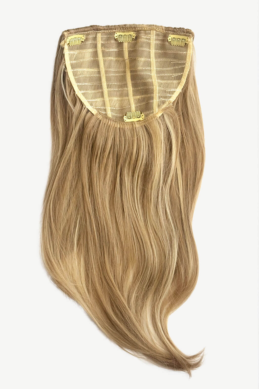 Blonde hair extension on a white background. Volume and Height Booster Hairpiece: Blaise blonde 24h613