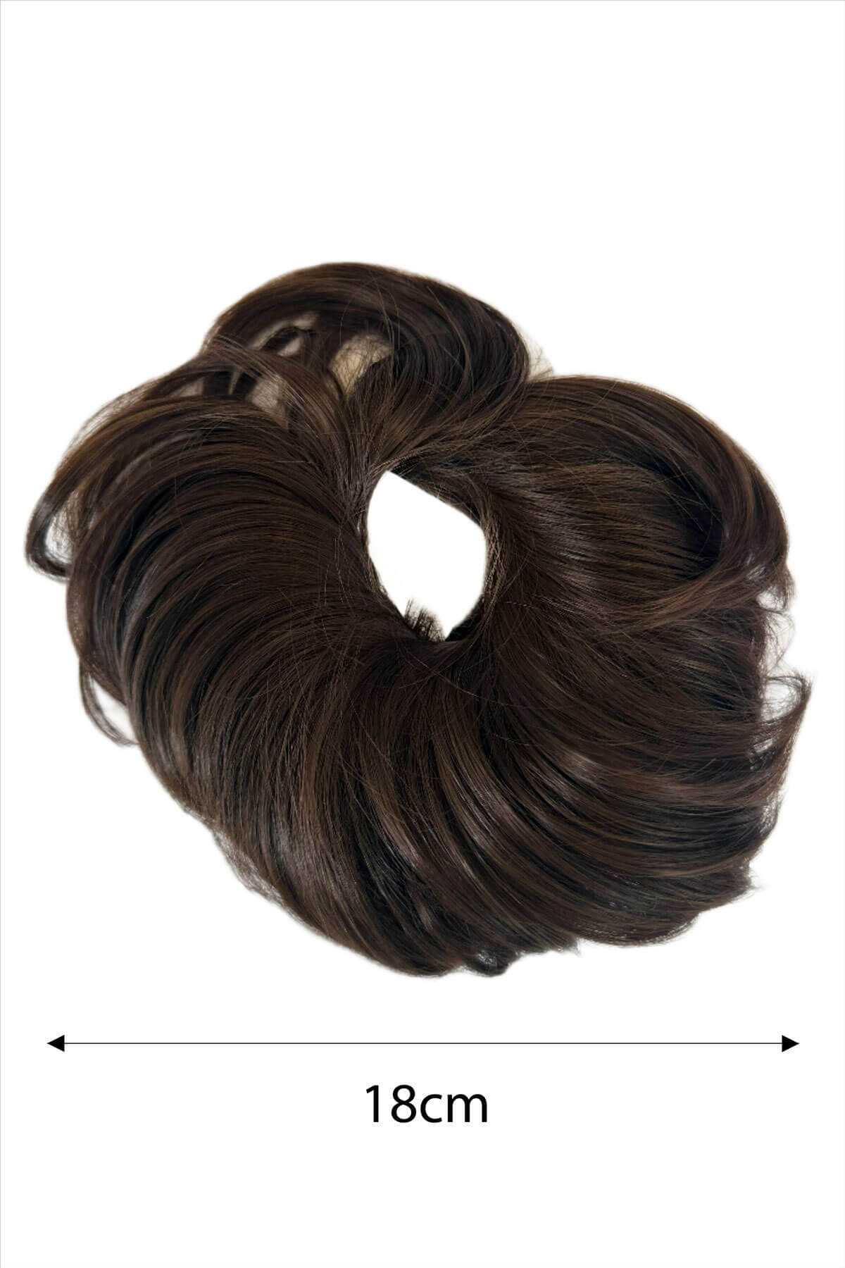 Brown hair bun extension with dimensions on a white background. Scrunchie bun hairpiece, easy updo messy bun: Betsy chocolate brown 6
