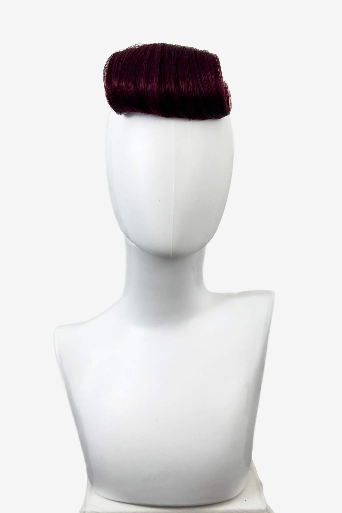 Mannequin head with a burgundy hairpiece on a white background. Victory roll fringe/bangs hairpiece, 1950s vintage style: Rosa red 39