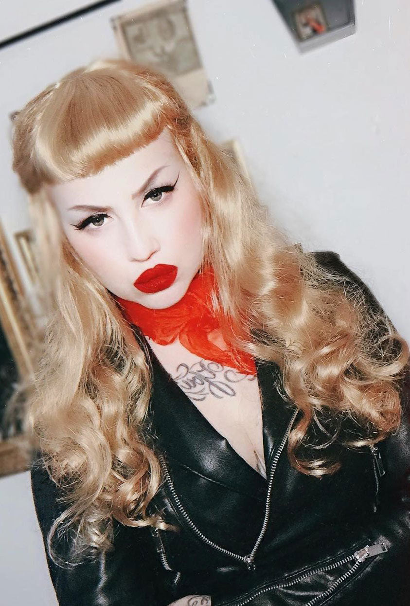 Clip-in fringe hairpiece/clip-in bangs, thick, straight retro rockabilly style: Ida blonde 24H613