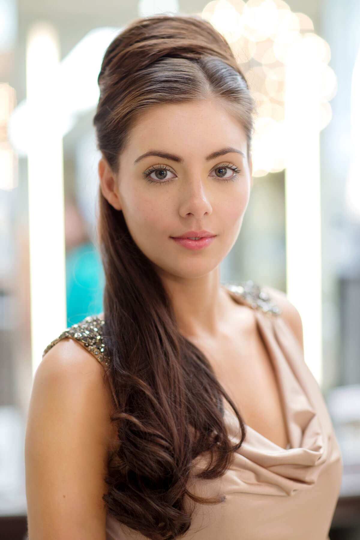 Woman with styled hair in an elegant setting. Extension hairpiece, long, versatile, Flexihair: Cristina chestnut brown 8