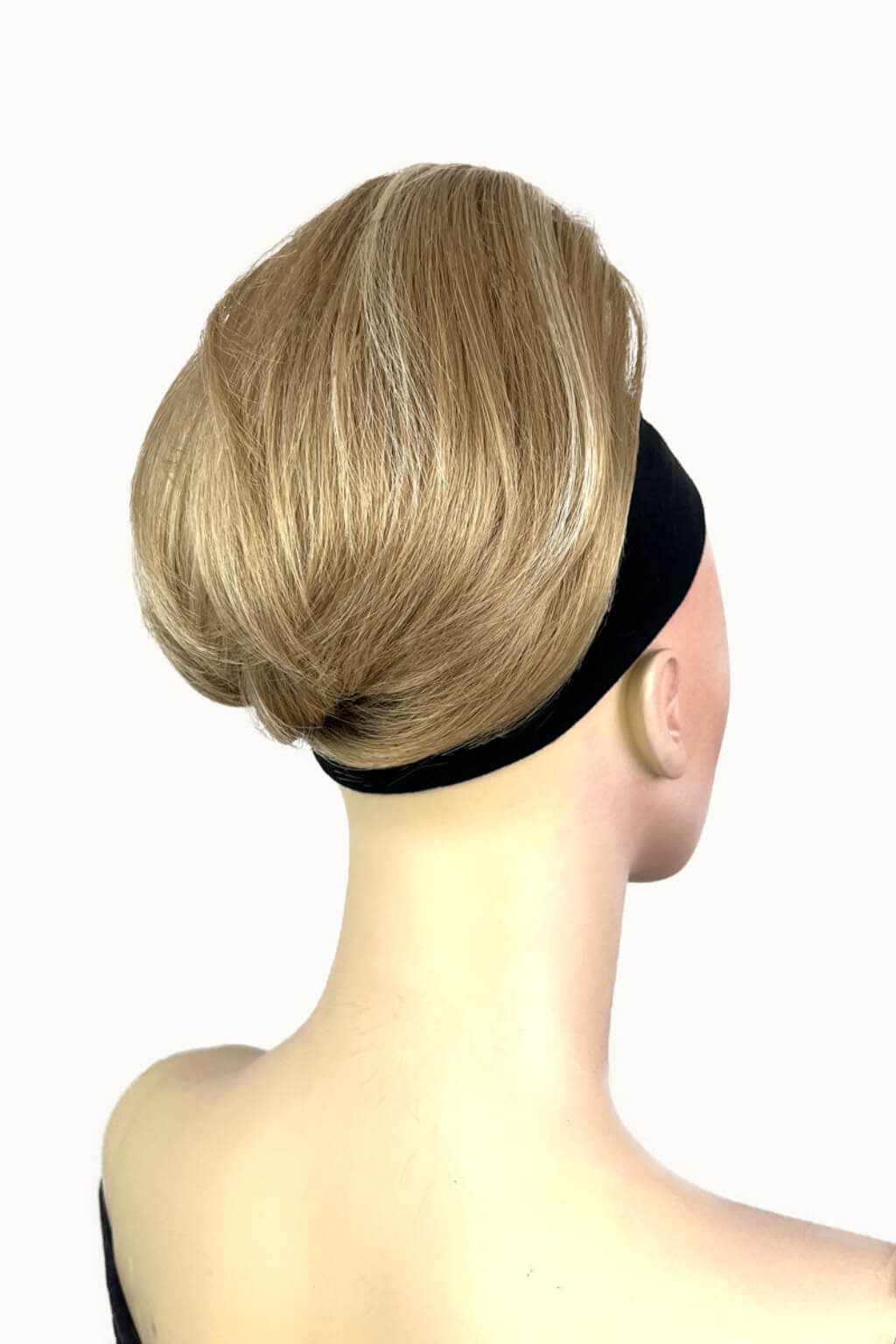 Mannequin head with blonde hair hair piece and black headband on a white background. Short ponytail extension hairpiece, straight, full & bouncy: Tanaya blonde 24H613