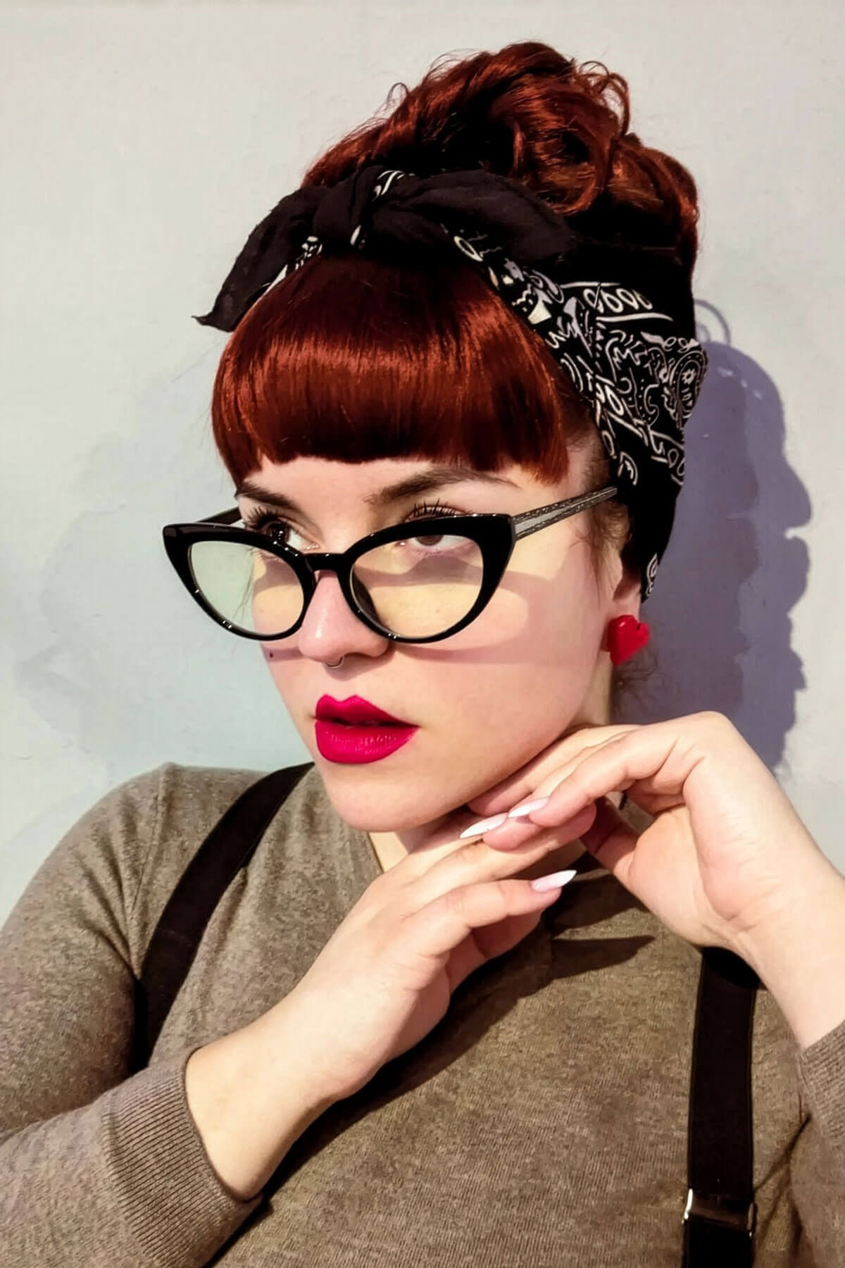 Clip-in fringe hairpiece/clip-in bangs, thick, straight retro rockabilly style: Ida copper red 130