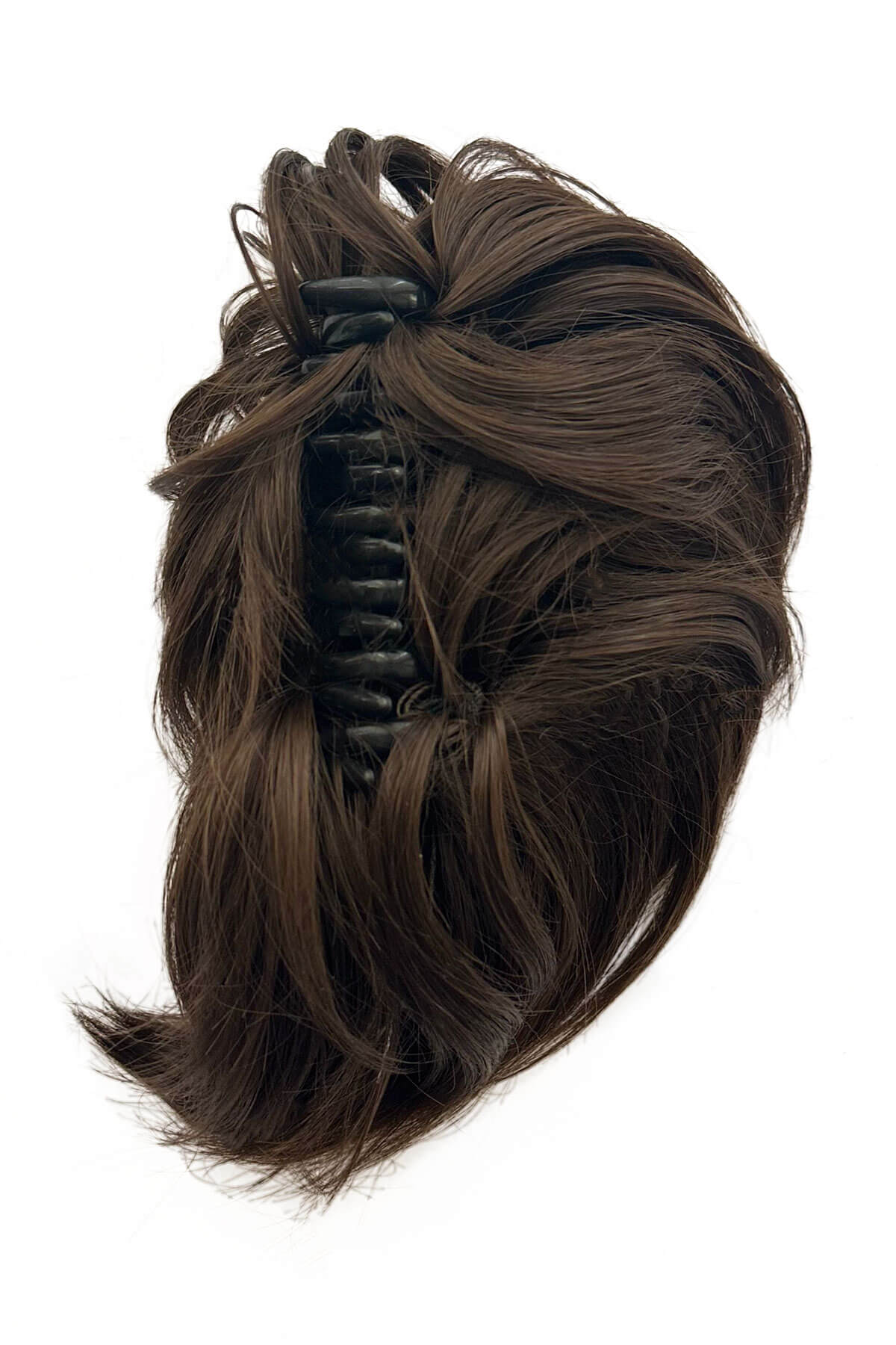 Brown hairpiece with a clip on a white background. Clip in hairpiece, ponytail, short, flexihair: Leela dark chocolate brown 6