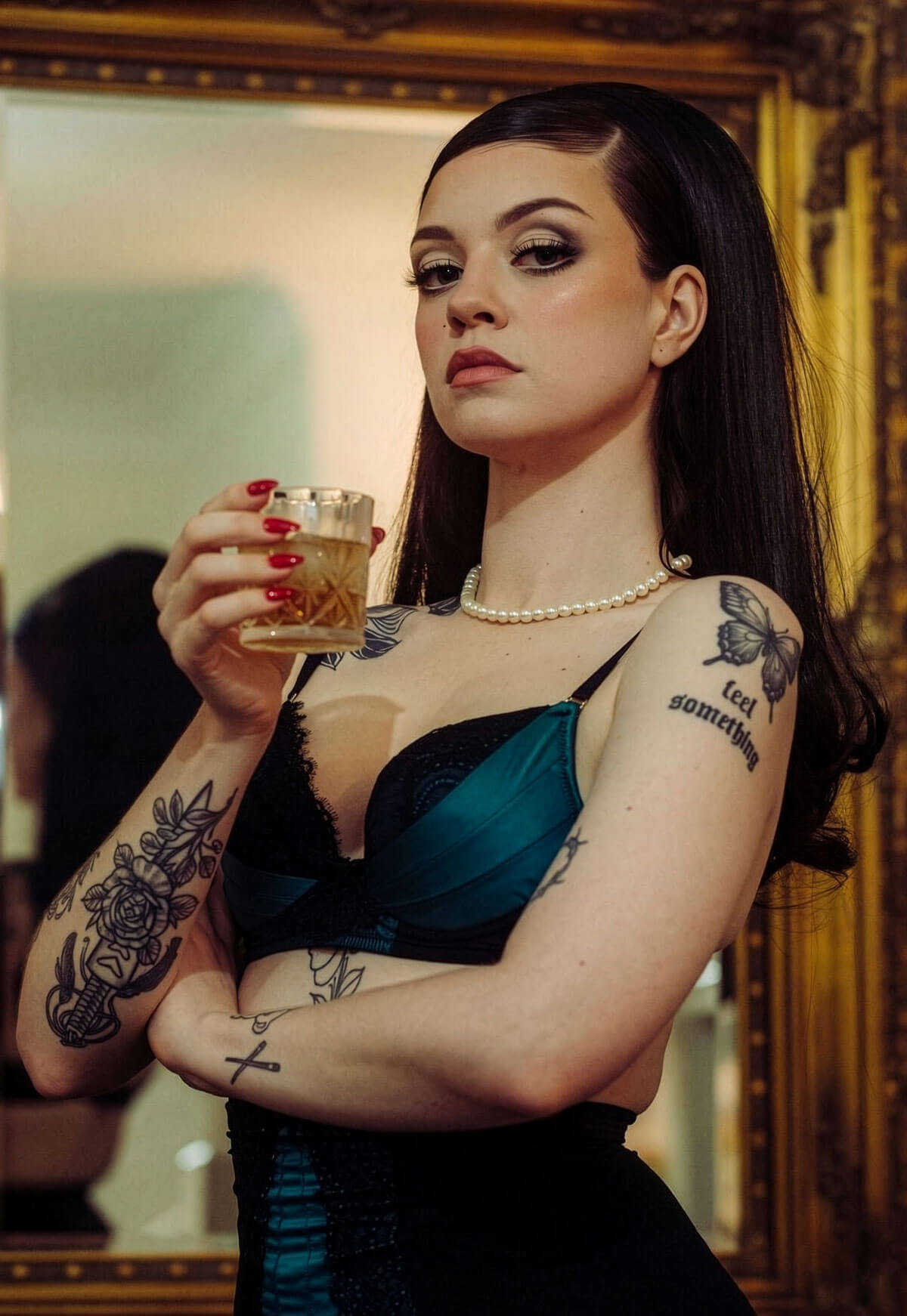 Woman holding a drink in a vintage setting. 1960s Retro high crown, half wig hairpiece, long with hair flip: Priscilla chocolate brown 6