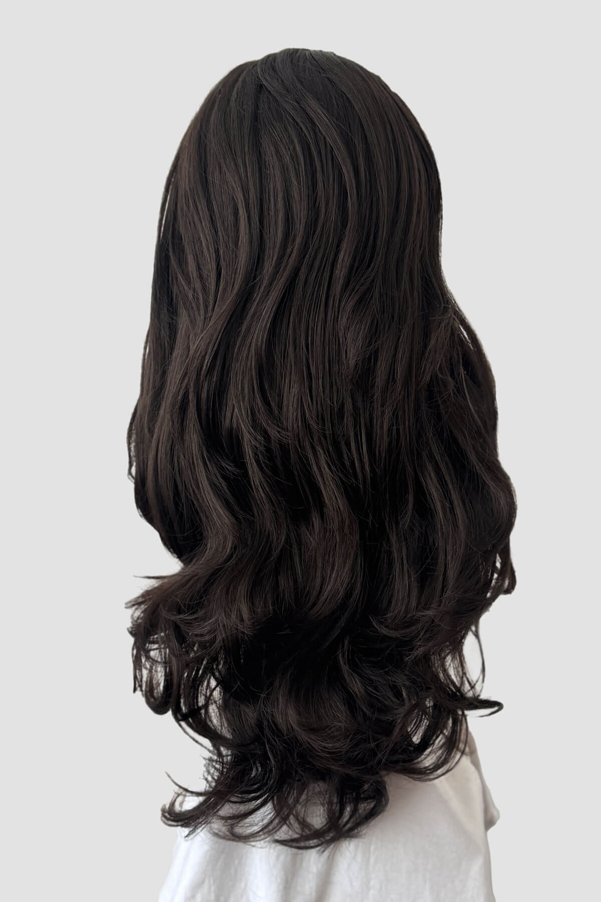 Dark brown half wig on a mannequin. Chelsea - Super Full Volume, Extra Long Loose Curls Brown Half Wig dark brown 4