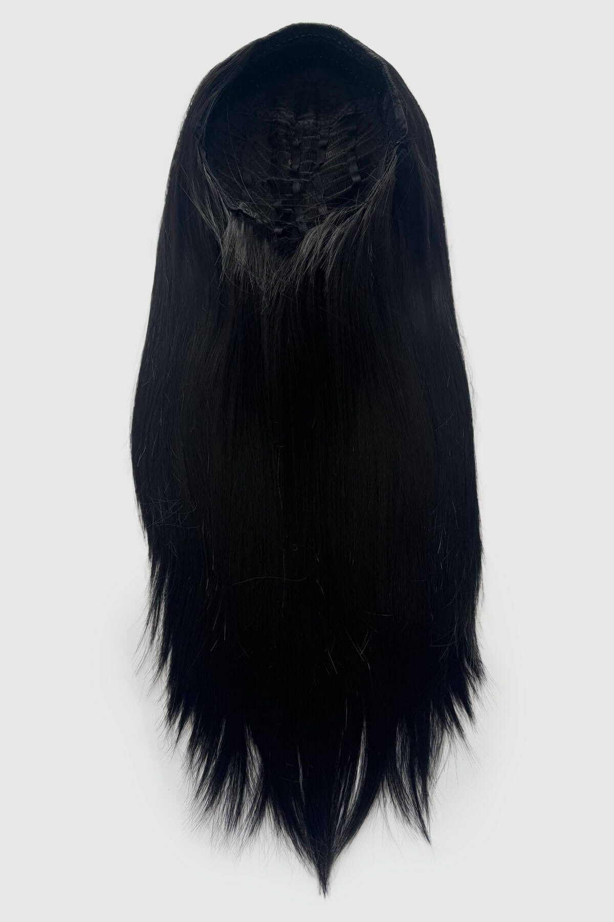 Black wig on a white background. Straight black half wig hairpiece extension (3/4 wig): Theda black 1B