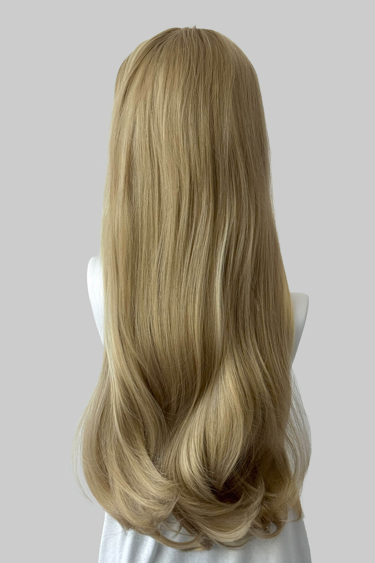 Mannequin head with ash blonde half wig on a plain background. Kate - Heat Styleable Extra Long, Gentle Wave Half Wig blonde 24H613