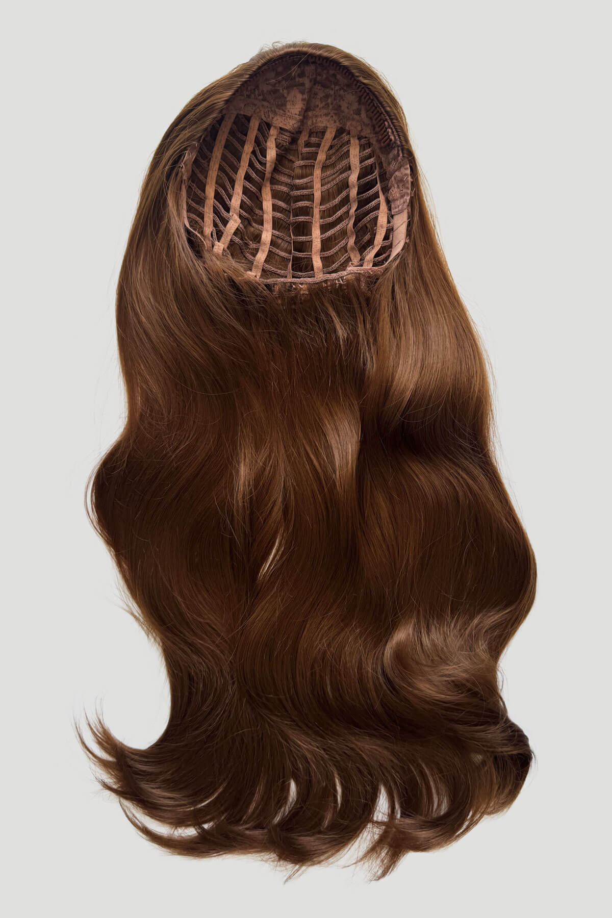 Long, light brown wig on a plain background. Kate - Heat Styleable Extra Long, Gentle Wave Half Wig dark light brown 12