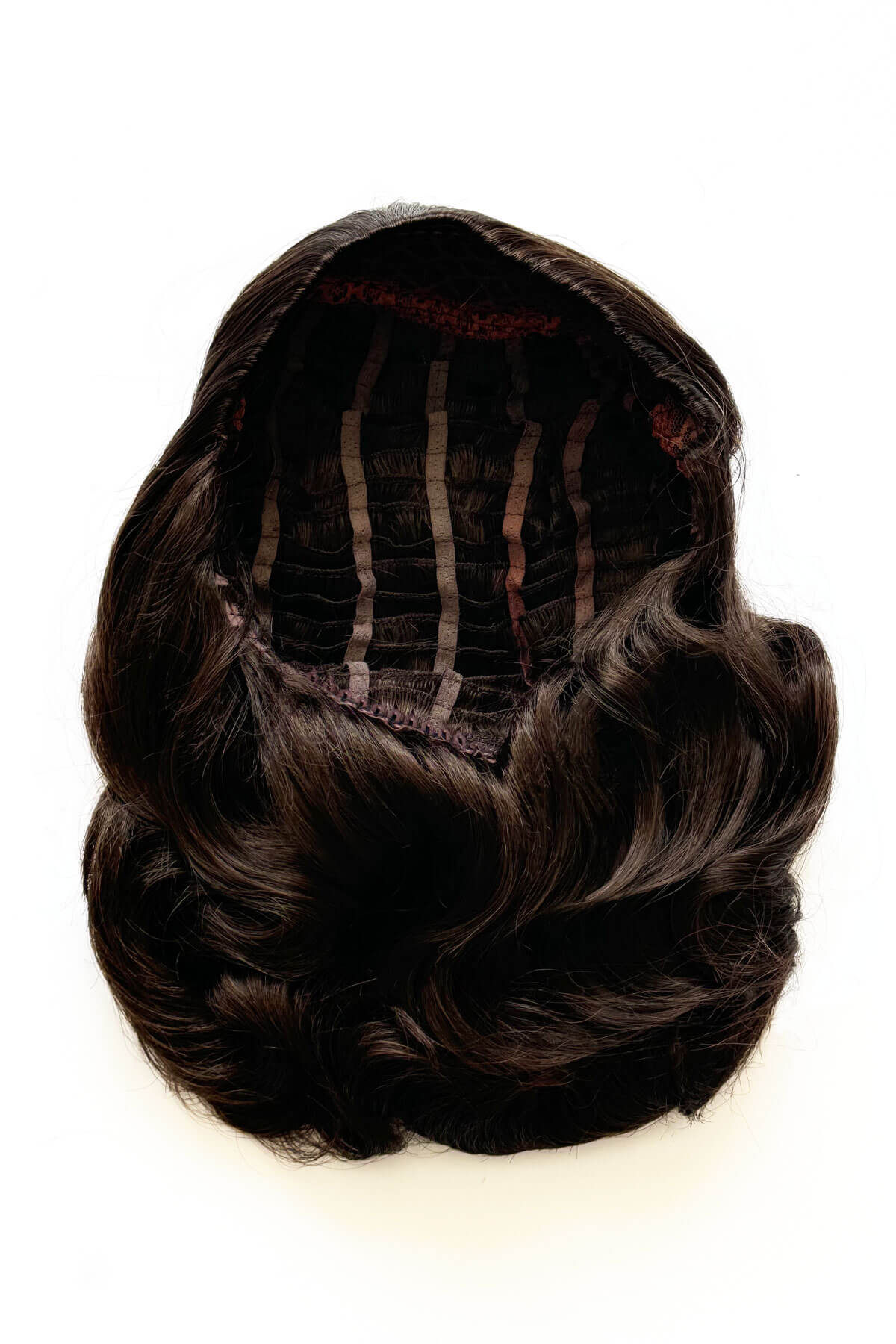 Brown hairpiece with a lace front on a white background. 1950s style shoulder length half wig hairpiece with beautiful vintage waves: Onyx chestnut brown 8