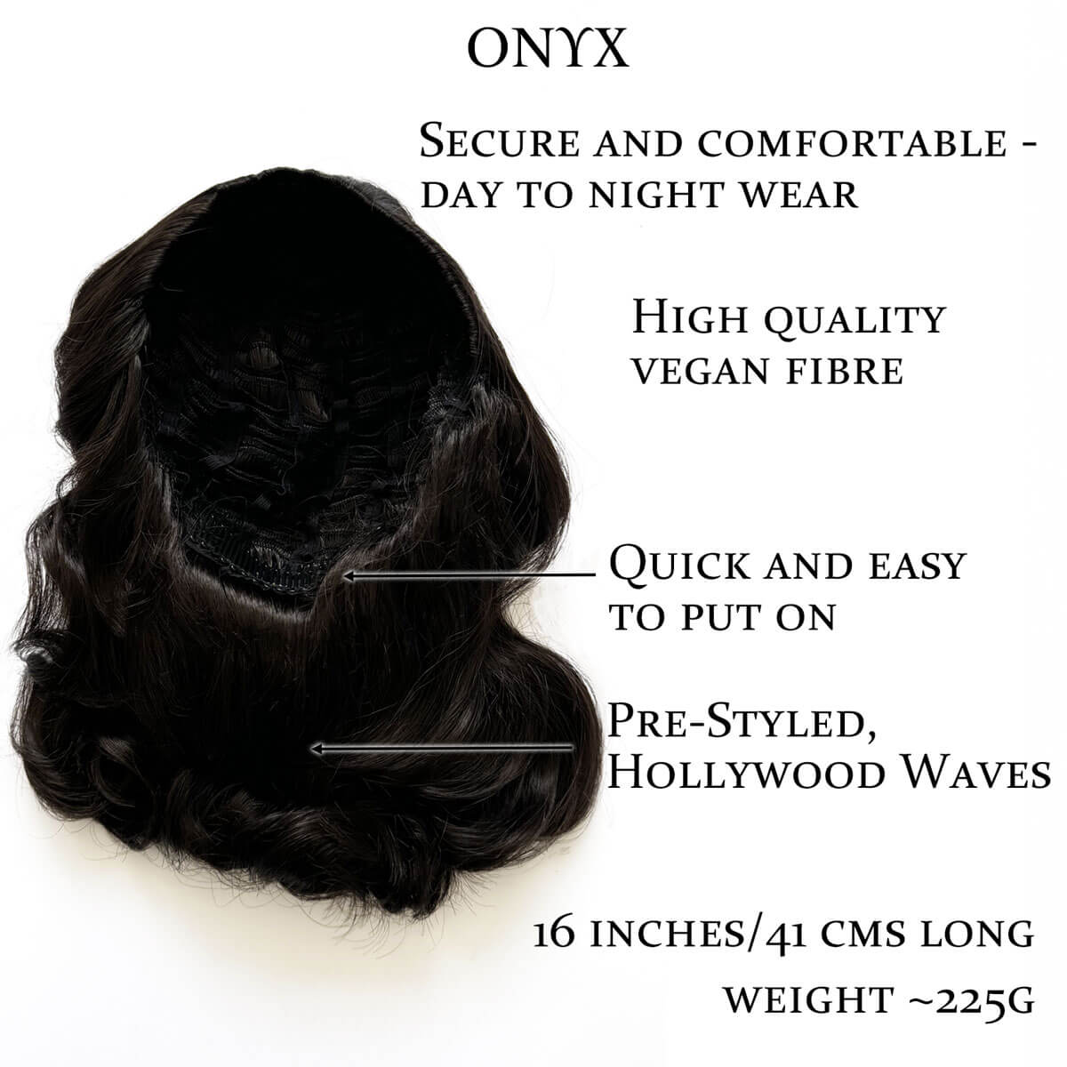 1950s style shoulder length half wig hairpiece with beautiful vintage waves: Onyx dark brown 4 info