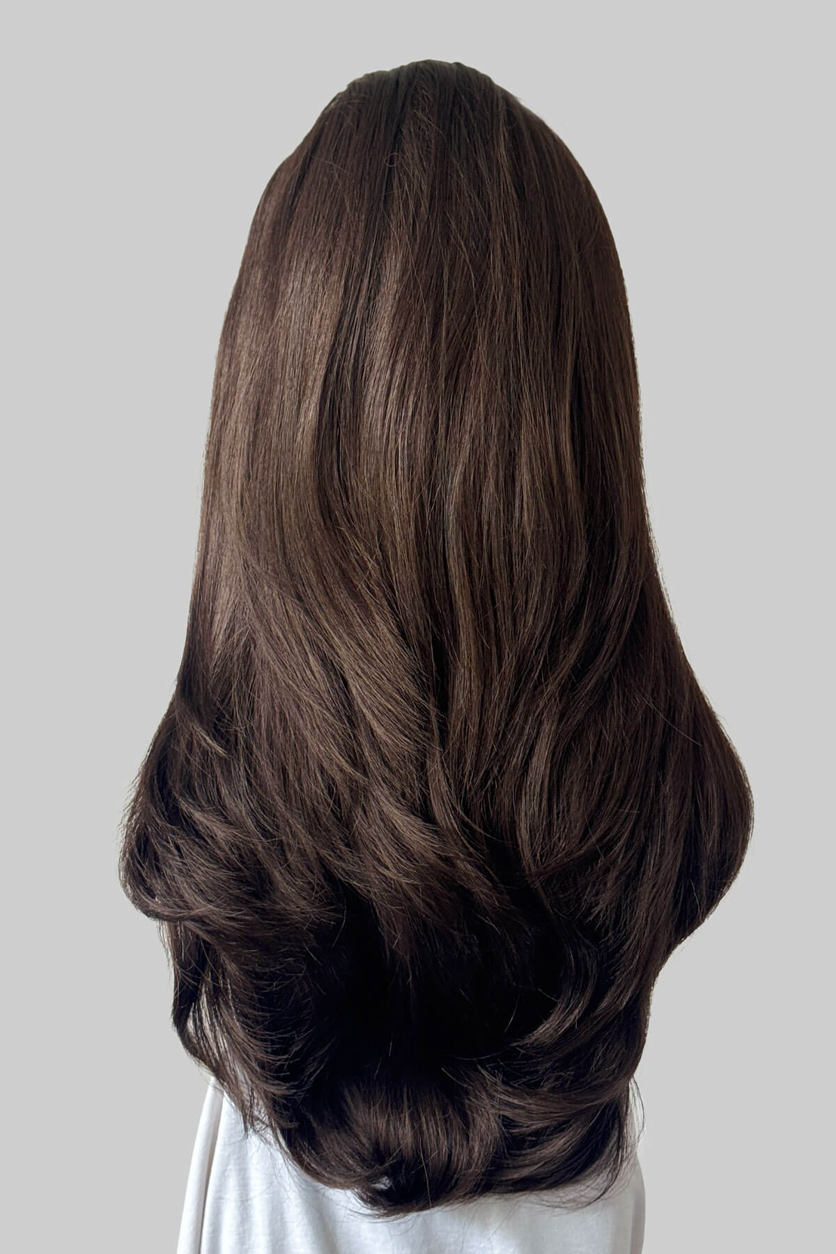 A long chestnut brown half wig, displayed on a mannequin against a light grey background. Claudia - Volume Boosting Long Gentle Bouncy Layered Half wig chestnut brown 8