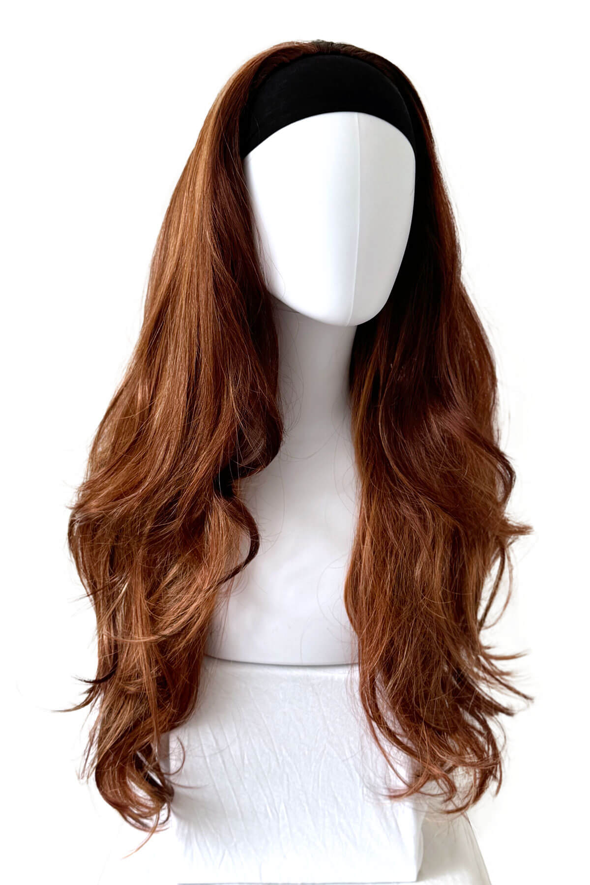 Brown wig on a mannequin head against a white background. Red half wig (3/4 hairpiece) with long waves: Sasha red auburn blonde BO
