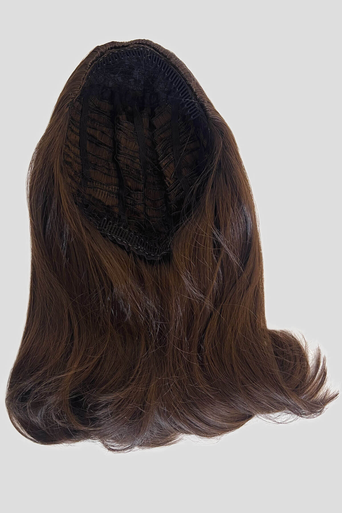 Brown hairpiece on a white background. 1960s half wig hairpiece, flicked, hair flip: Philippa dark chocolate brown 6