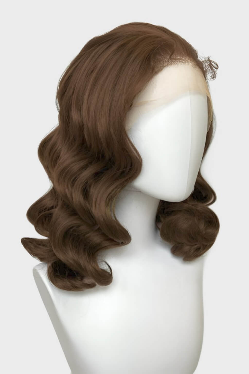 Brown wig on a mannequin head against a white background. Brown pinup wig, lace front with finger waves: Nikita colour chestnut brown 8