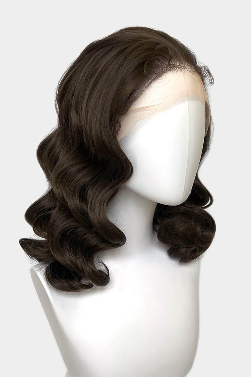 Brown wig on a mannequin head against a white background. Brown pinup wig, lace front with finger waves: Nikita dark chocolate brown 6