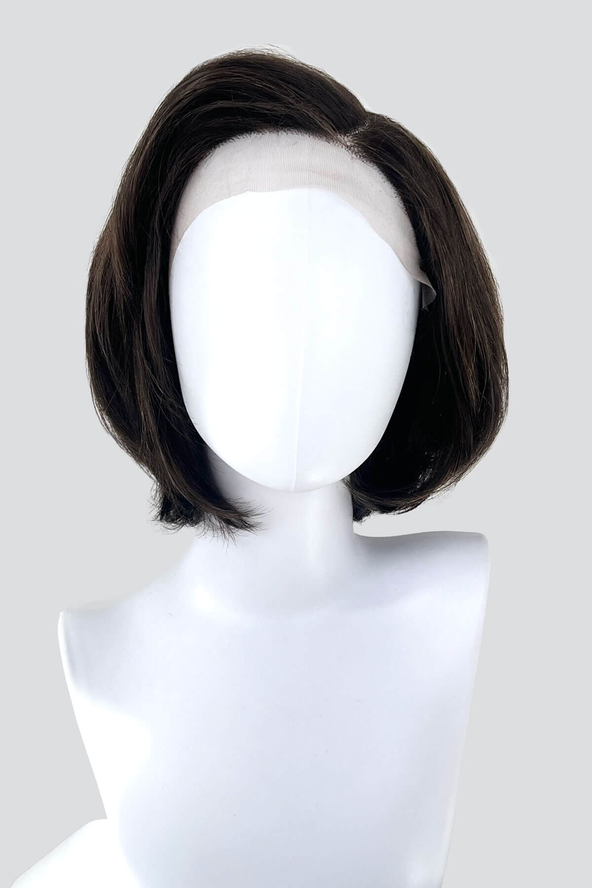 A brown Italian bob lace front wig with blonde highlights on a mannequin head against a white background. displayed on a mannequin head: Lucia 8H27