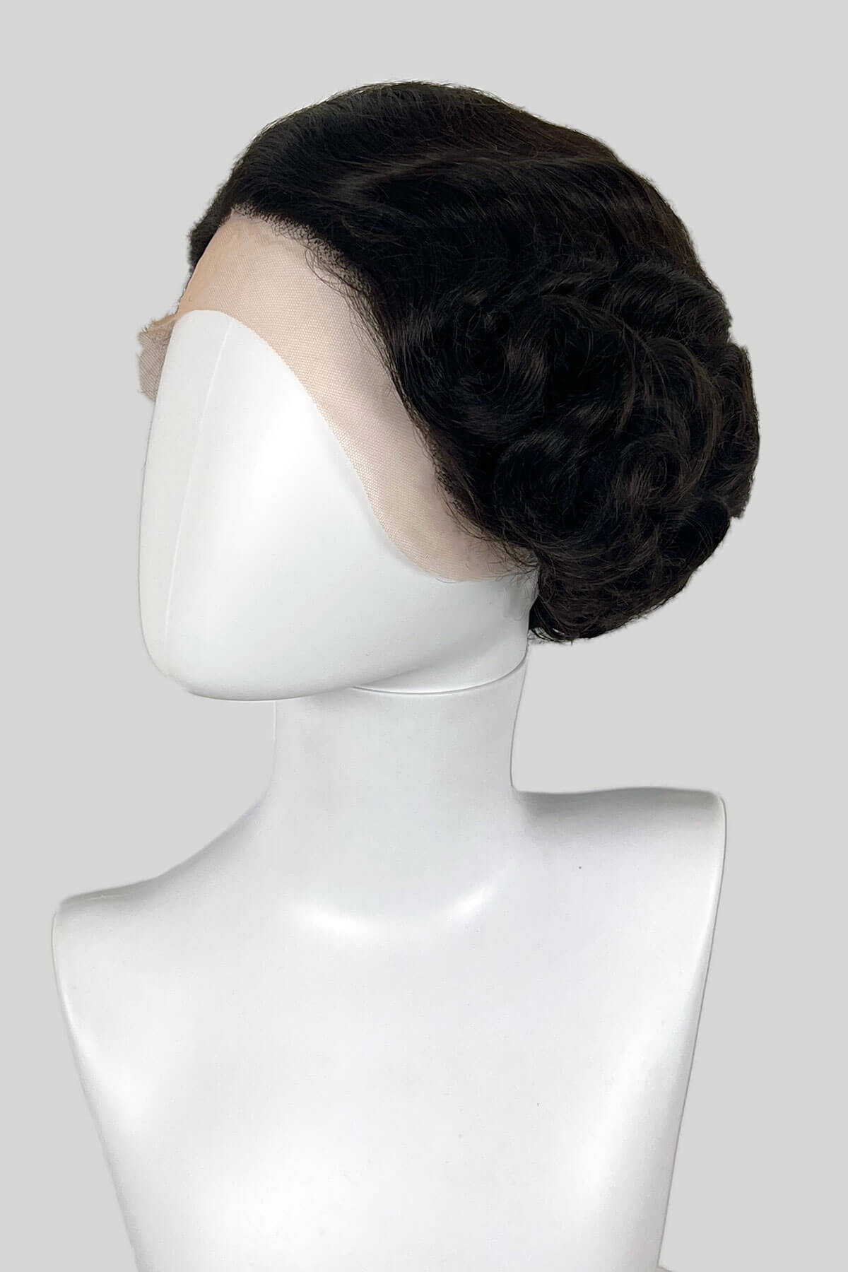 Dark brown wig on a mannequin head against a white background. Dark brown lacefront wig, pinup/vintage style, short with finger waves: Dixie