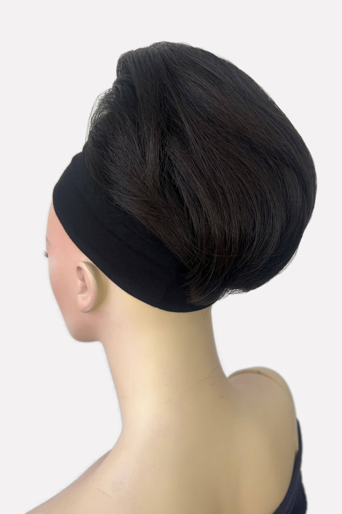 Mannequin with short beehive ponytail hairpiece. Sherri dark brown 4