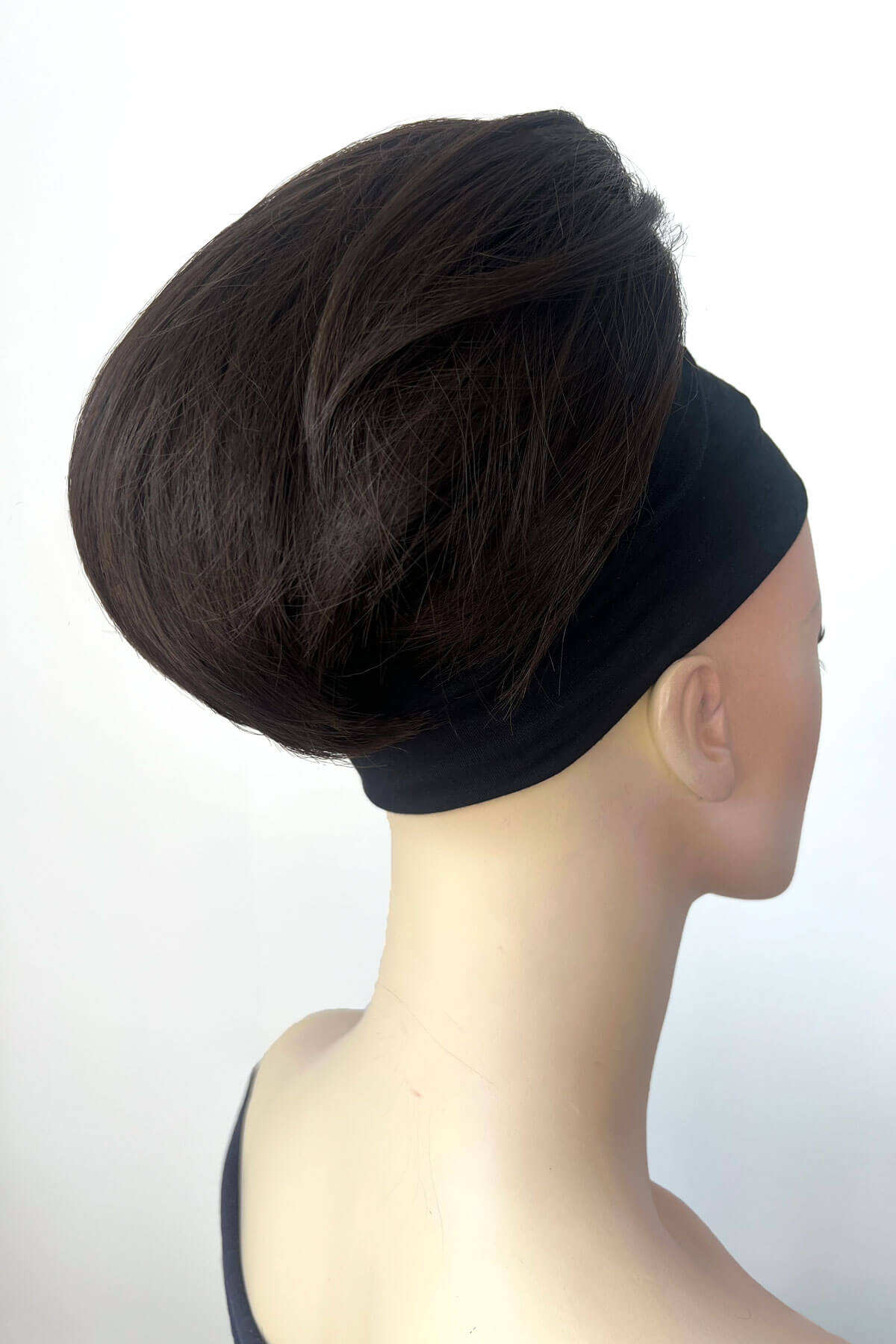 Mannequin with short beehive ponytail hairpiece: Sherri dark chocolate brown 6