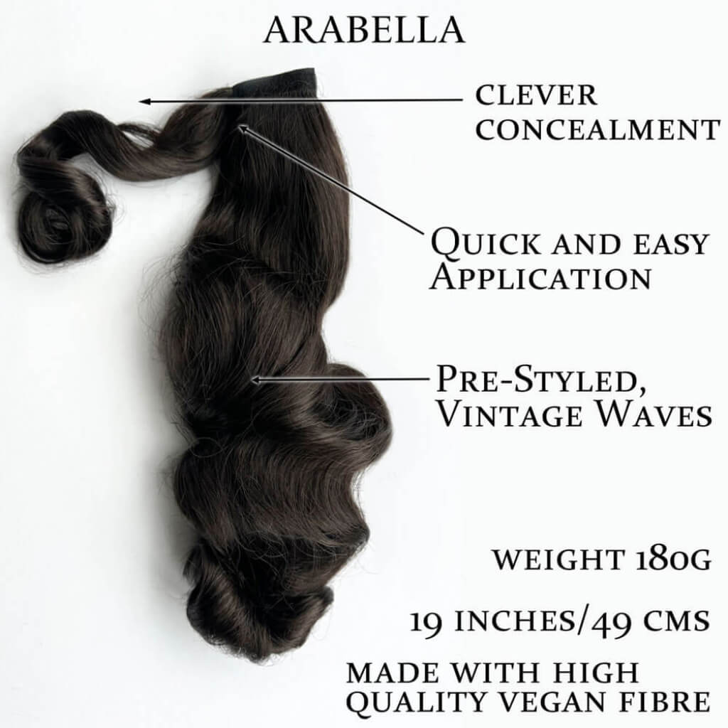A bundle of dark brown pre-styled wavy hair extensions labeled 'ARABELLA' on a white background, with text callouts describing features such as clever concealment, quick and easy application, pre-styled vintage waves, 180G weight, 19 inches/49 cm length, and made with high quality vegan fibre. Retro style ponytail hairpiece, long with vintage waves: Arabella dark brown 4
