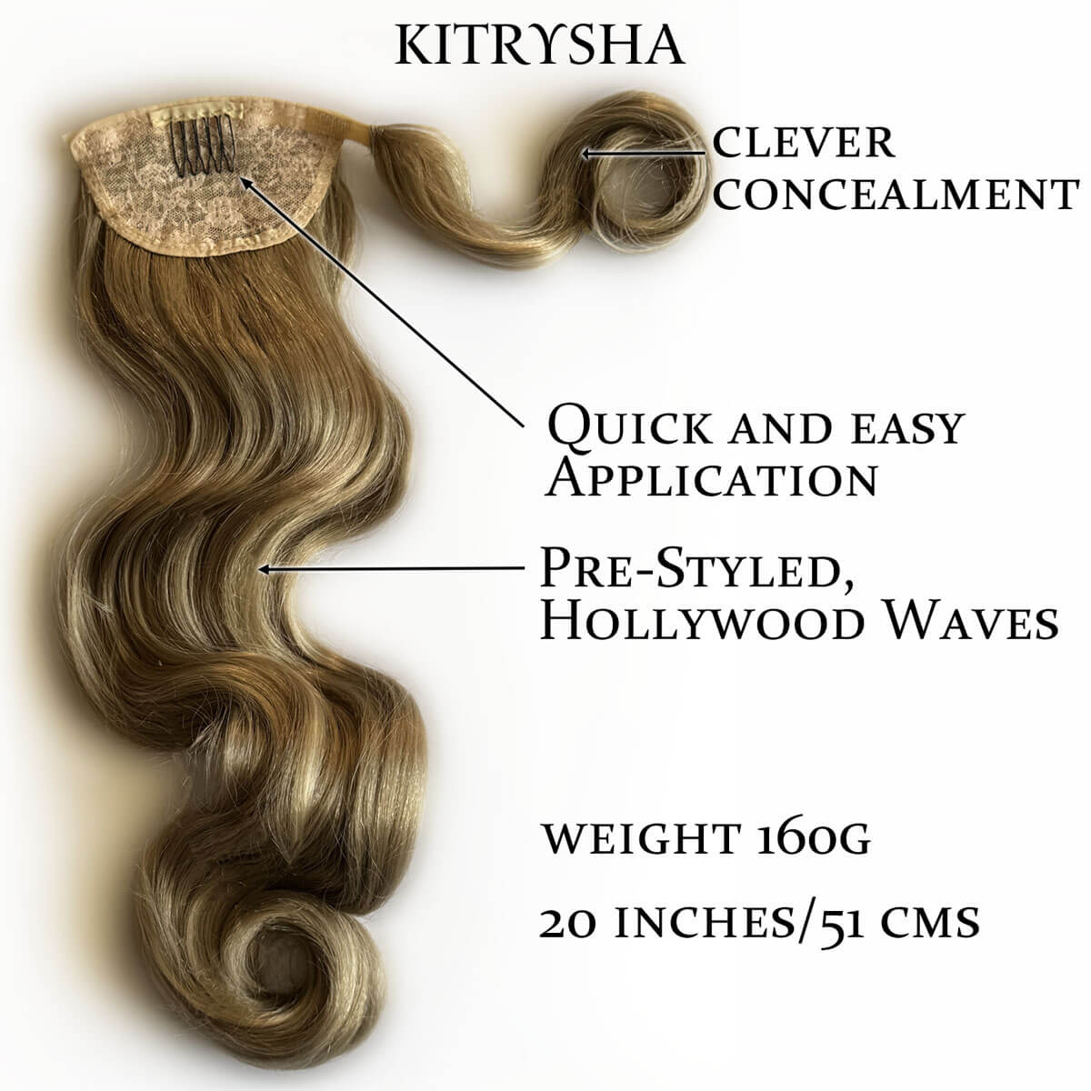 Hair extension with features labeled on a white background. Long ponytail hairpiece with vintage waves: Kitrysha - blonde 24H613