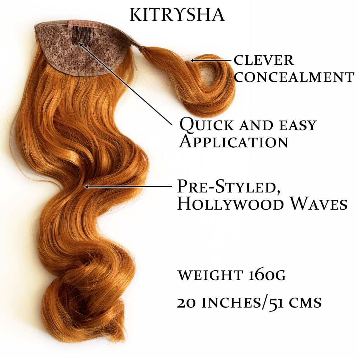 Ginger hair extension. Long ponytail hairpiece with vintage waves: Kitrysha - ginger with features labeled on a white background