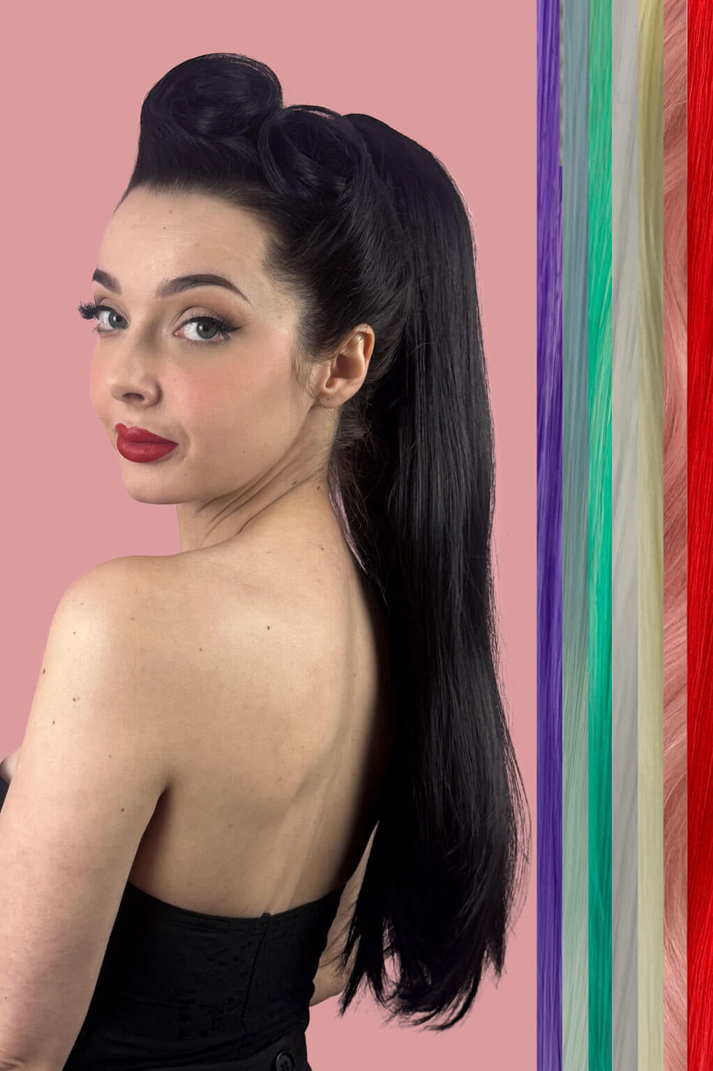 Woman with a ponytail next to colorful hair extensions on a pink background. Long straight ponytail with coloured streak: Ayla black hairpiece