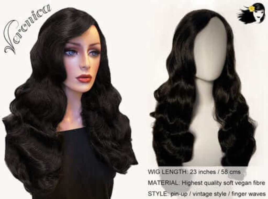 Long black pinup style wig with vintage hollywood waves: Veronica