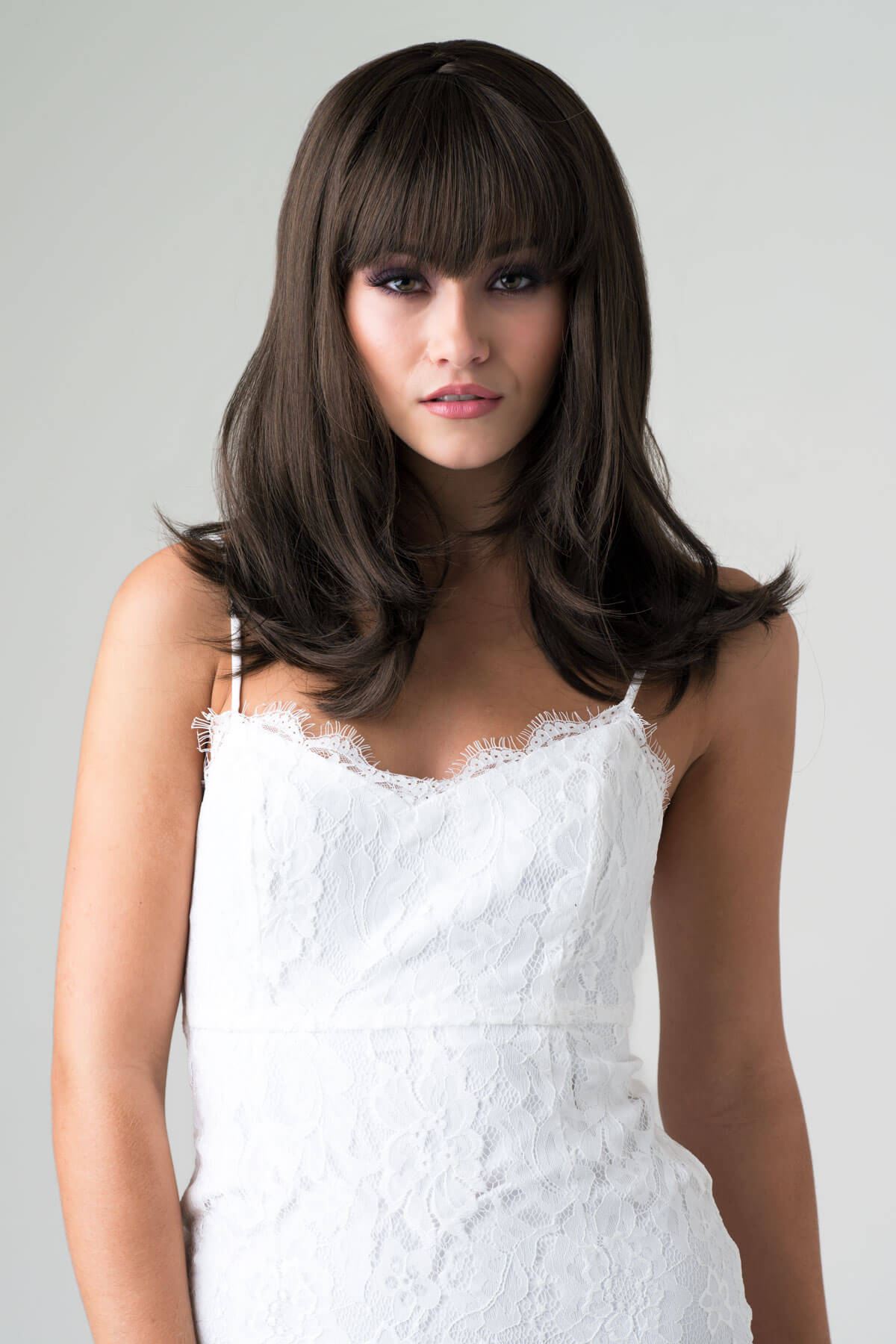 Brown long bob wig, layered with straight fringe: Katia mocha brown 10