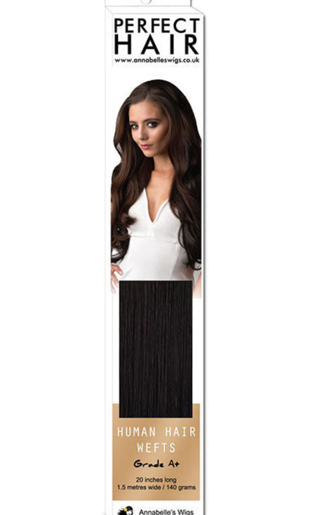 Packaging of human hair extensions showing a woman with long dark hair wearing the extensions, and the text 'HUMAN HAIR WEFTS Grade 4/6', along with the brand 'PERFECT HAIR'. Human hair weft (weave) hair extensions, 20 inches/51 cm long