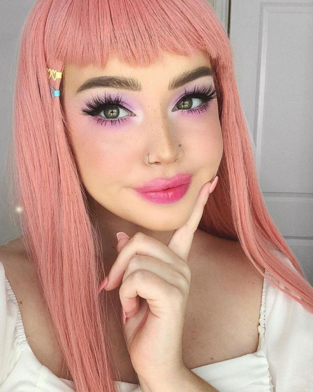 Long Pink Wig With Short, Straight Fringe: Stephanie