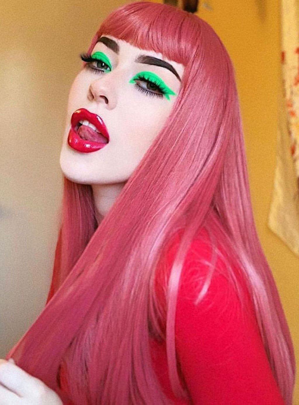 Long Pink Wig With Short, Straight Fringe: Stephanie