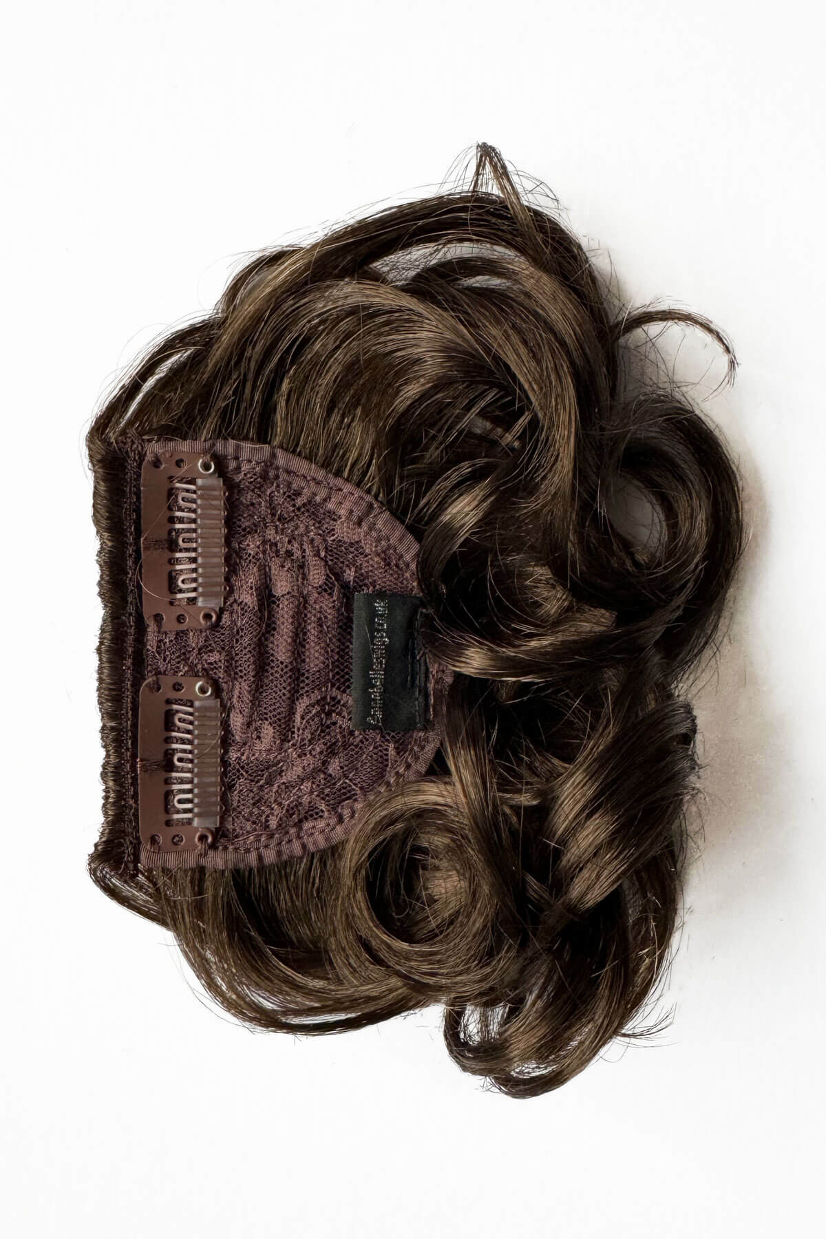 Brown hair bun extension with lace attachment on a white background. Curly 1940s style clip-in fringe hairpiece/clip-in bangs: Bunny chestnut brown 8