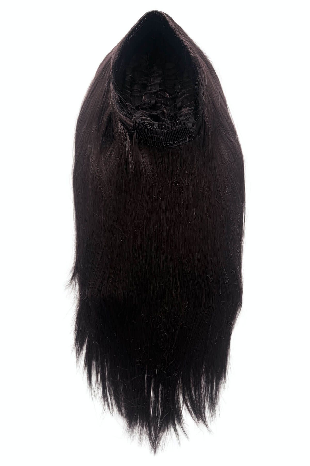 Black hair extension with a clip on a white background. Straight brown half wig hairpiece extension, long: Faye dark brown 6