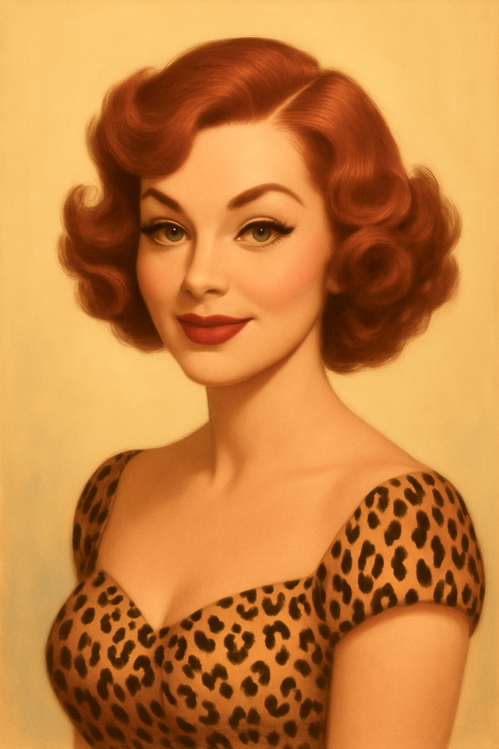 Vintage-style illustration of a woman with red hair and a leopard print dress.