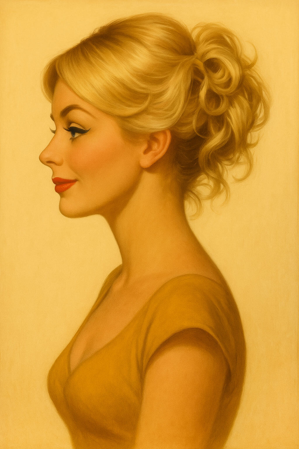 Artistic depiction of a woman with styled hair against a beige background. Illustration or Betsy Hairpiece
